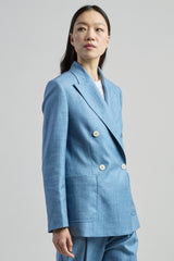 DOUBLE-BREASTED WOOL SILK LINEN MICRO HERRINGBONE JACKET