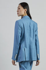 DOUBLE-BREASTED WOOL SILK LINEN MICRO HERRINGBONE JACKET