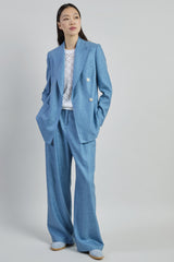 DOUBLE-BREASTED WOOL SILK LINEN MICRO HERRINGBONE JACKET