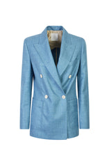 DOUBLE-BREASTED WOOL SILK LINEN MICRO HERRINGBONE JACKET